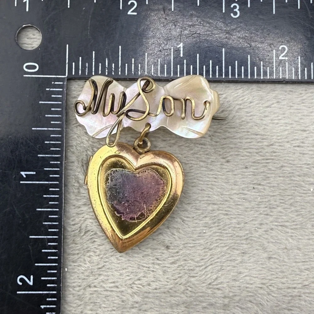 Vintage WWII Locket Sterling Silver Brooch Heart Mother‎ of Pearl 